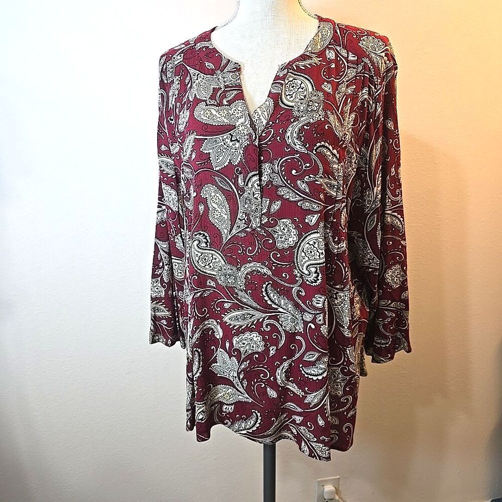 FUN2FUN Women's Plus Size 2X Maroon Paisley V Neck 3/4 Sleeve Blouse Tunic